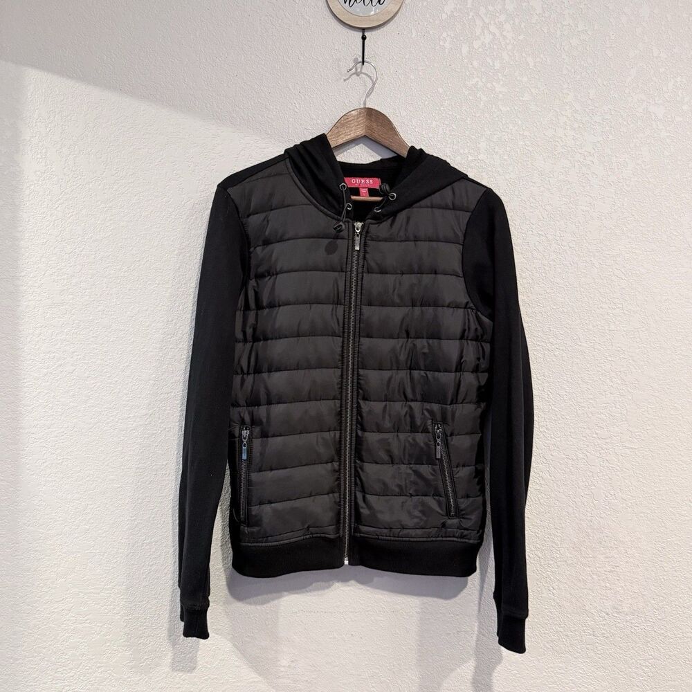 GUESS Los Angeles Black Hybrid Quilted Full Zip Hooded Jacket Knitted Sleeves